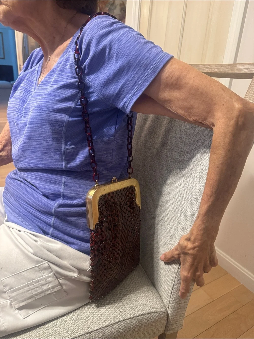 Vintage-Style Brown and black Mesh Evening Bag with Gold Frame Whiting and Davis